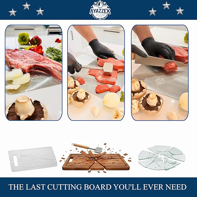 Stainless Steel Cutting Board Set 2 Pcs – Premium SUS 304 Double-Sided Cutting Boards for Kitchen, Meat, Vegetables – Includes Sponge, Adhesive Hook & Silicone Pad – Dishwasher Safe - Large & Medium