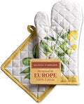 Maison d' Hermine 100% Cotton Oven Mitt & Pot Holder Set (7.5"x13" & 8"x8") Heat Resistant BBQ Cooking Gloves with Loop, Baking, Grilling, Kitchen, Handling Hot Pans Spring/Summer (Limoncello)