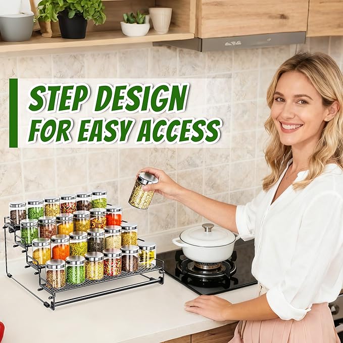 4 Tiered Countertop Spice Rack Organizer for Cabinet, Metal Tiered Spice Holder Storing 24 Spices Jars, Multipurpose Seasoning Shelf for Cupboard, Pantry, Kitchen Storage (1 Pcs)