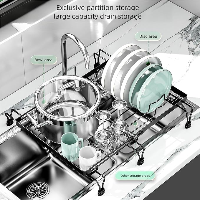 BBXTYLY Expandable Dish Drying Rack Over The Sink, Adjustable Dish Rack in Sink with Expandable Feet, Inside Dish Drainer for Kitchen Counter, Drying Rack Fit for 11"-19" Kitchen Sink