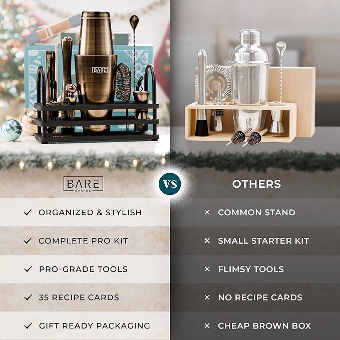 BARE BARREL® Mixology Bartender Kit Bar Set | 14-Piece Cocktail Shaker Set | Martini Barware Mixing Tools for Home Bartending | 35 Recipe Cards | Gift Set (28oz Boston Shaker, Brass/Black)