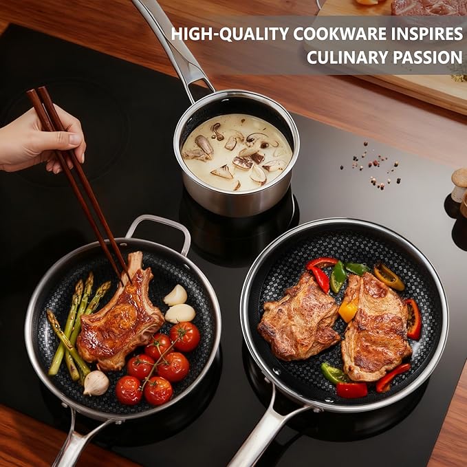 VINGLI 11 Pcs Non-Stick Cookware Set, Stainless Steel Pots and Pans Set with Lids, Non-Toxic Saute Sauce Pot, Soup Pot, Frying Pan, PFOA & PTFE Free, Compatible for All Cooktops (11 Nonstick Set)