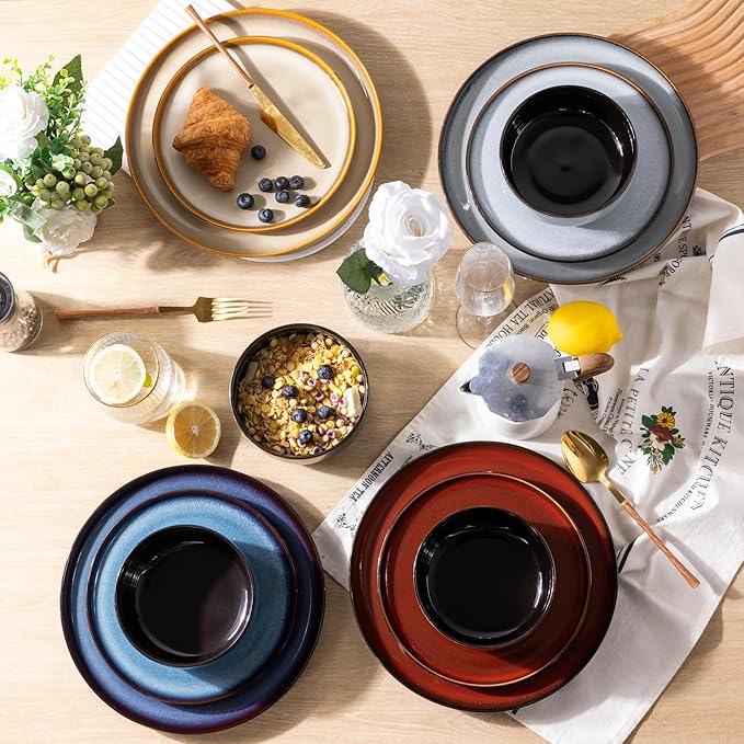 LeRatio Ceramic Dinnerware Sets for 6,Porcelain Plates and Bowls Sets,Handmade Reactive Glaze Dishes Set,Chip Resistant and Scratch Resistant | Oven&Dishwasher & Microwave Safe)-Colorflu(18PCS)