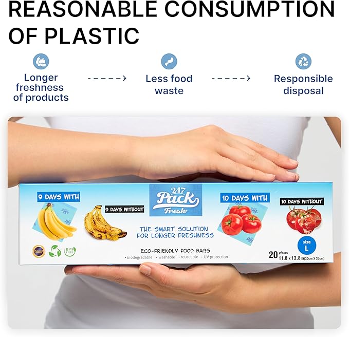 Freshpack 247 Zipper Bag Size L 12×14 inches (1.5 gallon) – Reusable Food Storage & Packaging Bags, Helps Keep Fresh up to 3× Longer – Biodegradable, BPA-Free, UV-Shielded, Washable, SGS Tested