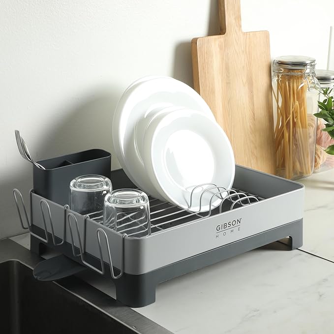 Gibson Home Nestcraft Full Size Rust Resistant Dish Rack with Drain Board and Flatware Caddy - Grey