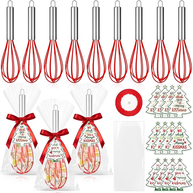12 Sets 10 Inch Christmas Whisk Baking Gifts, DIY Fillable Christmas Tree Ornaments, Xmas Colored Silicone Whisks for Xmas Employee Neighbor Cooking Supplies Xmas Stocking Stuffers Candy Holder