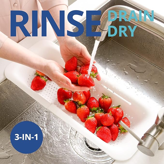 BLUE GINKGO Over the Sink Colander Strainer Basket - Wash Vegetables and Fruits, Drain Cooked Pasta and Dry Dishes - Extendable - New Home Kitchen Essentials (7.9 W x 14.5-19.5 L x 2.75 H) - White