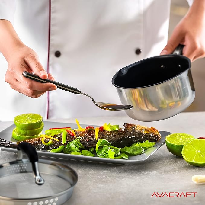 AVACRAFT Nonstick Saucepan with Glass Lid, Strainer Lid, 100% PTFE, PFOA Toxins Free, Two Side Spouts for Easy Pour, Multipurpose Ceramic Sauce Pot (2.5 QT Non-Stick Saucepan)