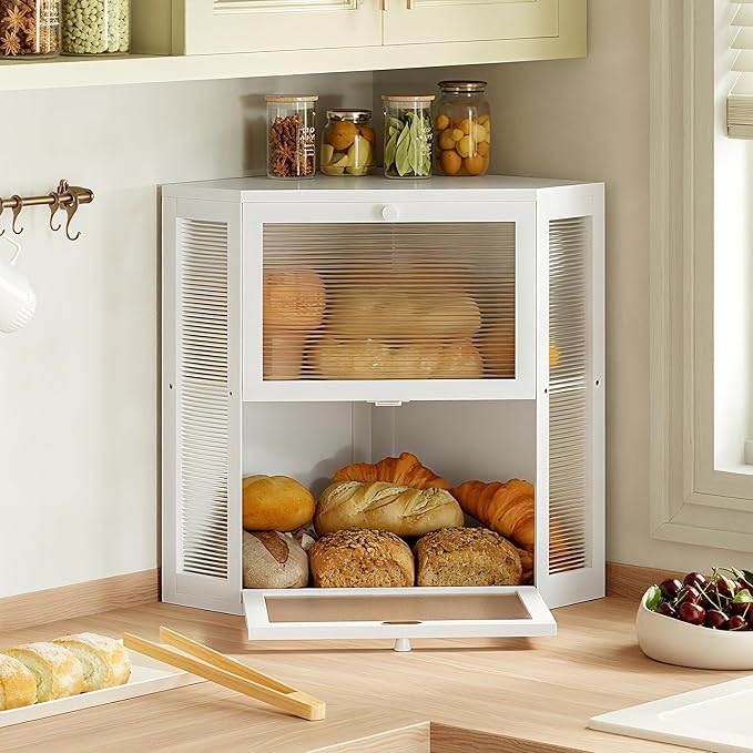WOWLIVE Corner Bread Box for Kitchen Countertop, Double Layer Bamboo Bread Storage Container, Large Farmhouse Bread box with Acrylic Wavy Door Panel, Under Cabinet Organizer (White, Extra Large)