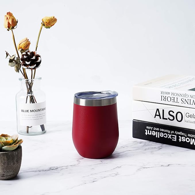 6 Pack Stainless Steel Wine Tumblers, 12Oz Insulated Wine Tumbler, Double Wall Insulated Wine Glass, Stainless Steel Stemless Wine Cups with Lids for Coffee, Wine, Cocktails, Champaign, Wine Red