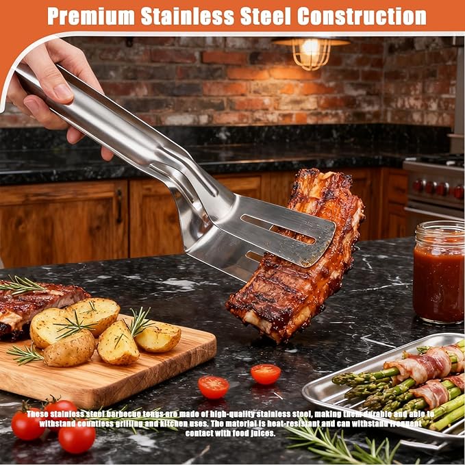 Stainless Steel Grill Clamp, 11.8 in Anti-Scald Extended Handle Spatula Tongs, Multifunctional Stainles Steels Double-Sided Food Flipping Spatula Tongs Clip, for Flipping Steak, Fish (3, B, Extended)