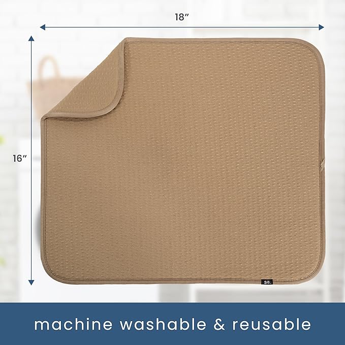 S&T INC. Dish Drying Mat, 16” x 18”, Absorbent Microfiber Kitchen Counter Mat, Drying Pad for Dishes, Utensils, Pots and Pans, Large, Diamond Texture, Almond