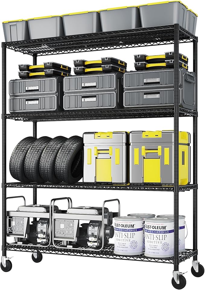 2500LBS Metal Storage Shelves 55"W Wire Shelving Unit with Wheels 4-Tier Wire Shelving Rack Commercial Adjustable Garage Shelving Heavy Duty Storage Rack for Pantry, Kitchen (4-Tier, 55''x24''x76")