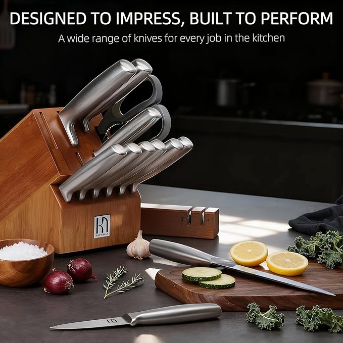 Knife Block Set with Two-stage Sharpener, 14-Piece | Razor Sharp Japanese Stainless Steel Kitchen Knives with Ergonomic Handles