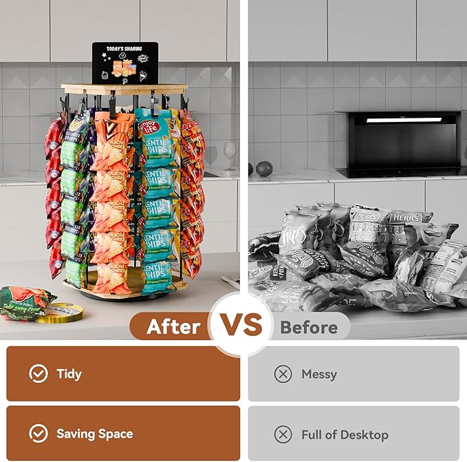 Chip Rack Display Stand, 5 Tiers 40 Clips Snack Organizer, 360°Rotating Wooden Base Chip Display Rack for Concession Stand, Countertop, Snack Stand, Party, With Message Board