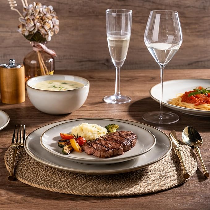 AmorArc Stoneware Dinnerware Sets for 6, 18 Pieces Handpainted Ceramic Plates and Bowls Set, Scratch Resistant Dishes Set, Dishwasher & Microwave Safe, Cappuccino