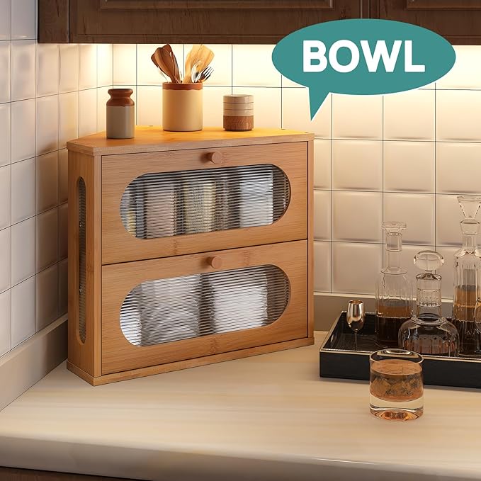 Corner Bread Box for Kitchen Countertop, 2 Tier Corner Bread Box, Bamboo Wood Large Capacity Bread Storage Bin with Acrylic Wavy Door Panel