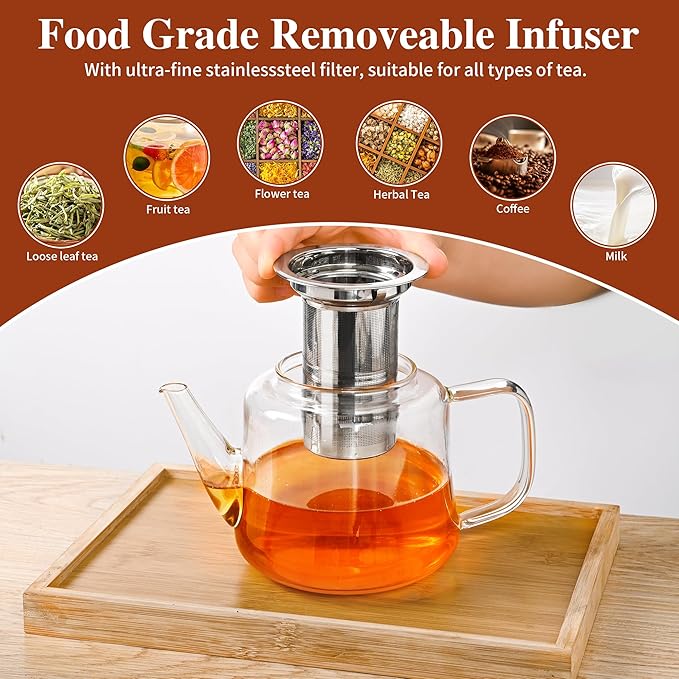 Glass teapot with infuser, Ehugos 1000ml(33oz) Stovetop Safe Hand Crafted Clear Glass Teapot with Removable Infuser for Loose Leaf Tea and Blooming Tea