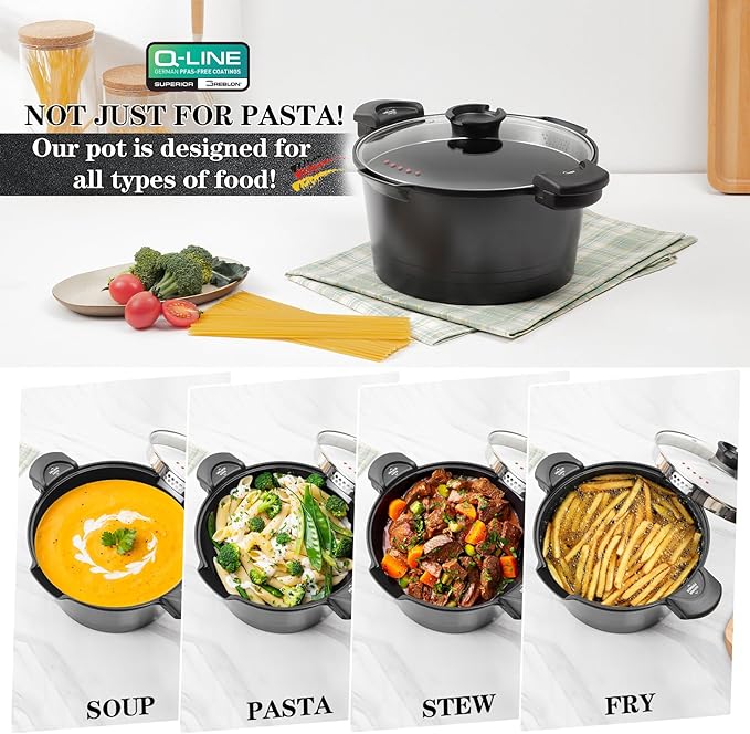 5qt Pasta Pot with Strainer Lid, Cast Aluminum Stockpot Multipot, Nonstick Ceramic Coating make Cleanup easy with Tempered Glass Lid, Dishwasher Safe, Induction, Black