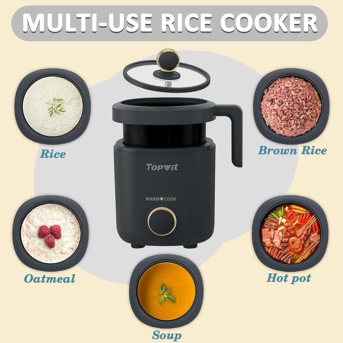 TOPWIT Rice Cooker Small, Mini Rice Cooker 2 Cups Uncooked, 1.2L Portable Rice Maker with Non-stick Coating, BPA Free, One Touch & Keep Warm Function, Grey