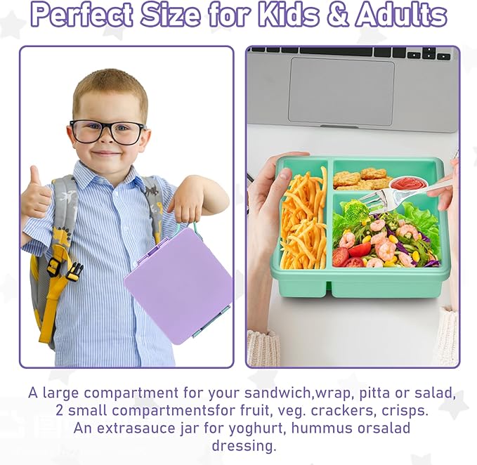Chill Bento Lunch Box for Kids Adult with Ice Pack,Leak Proof 3 Compartments Lunch Container for Kids,Ice Pack Detachable Bento Box,BPA Free,Dishwasher & Microwave Safe-Purple