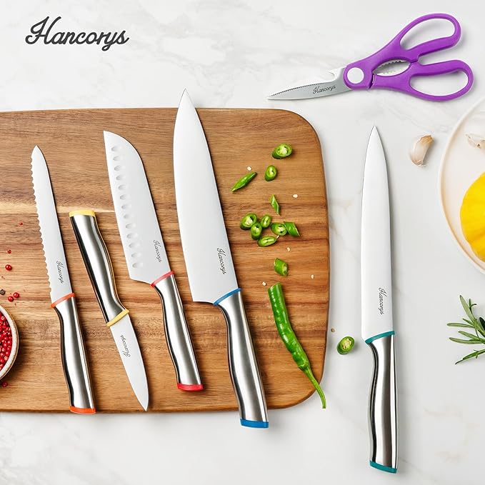 Colorful Knife Set, 11 Pieces Kitchen Knives Set in High Carbon Stainless Steel, Chef Knife Sets with 5 Blade Guards, Dishwasher Safe, Holiday Gifts for Kitchen