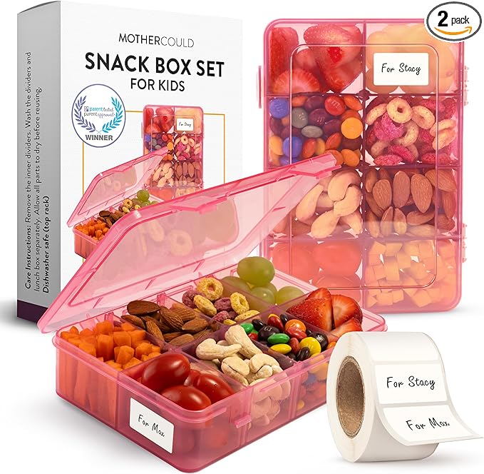 Snack Box Containers Set of 2-Reusable,100 Dissolvable Labels, 8 Adjustable Compartments, Dishwasher Safe, BPA-Free, Meal Prep Container, PARENT TESTED PARENT APPROVED AWARD (2 Pack) (Pink)