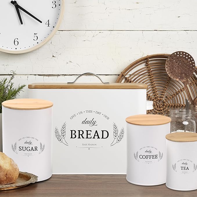 Baie Maison Extra Large White Farmhouse Bread Box for Kitchen Countertop - Bread Storage with Matching Large Kitchen Canisters Set of 3 - Coffee Tea Sugar Container Set (Bread Box & Canisters)