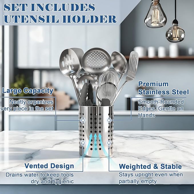 BEWOS Cooking Utensils Set 15 Piece - Stainless Steel Kitchen Utensils Set, Kitchen Tools Set with Spatula and Holder, Non-Toxic, Dishwasher Safe & Heat Resistant