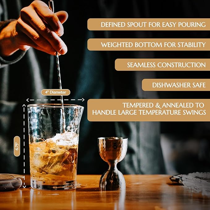 4 Piece Cocktail Kit by Bull In China - Premium Bartender Gift Set Includes Flagship Mixing Glass, 12 inch Barspoon, Bell Jigger & Hawthorne Strainer For Professional & Home Bars (Matte Black)