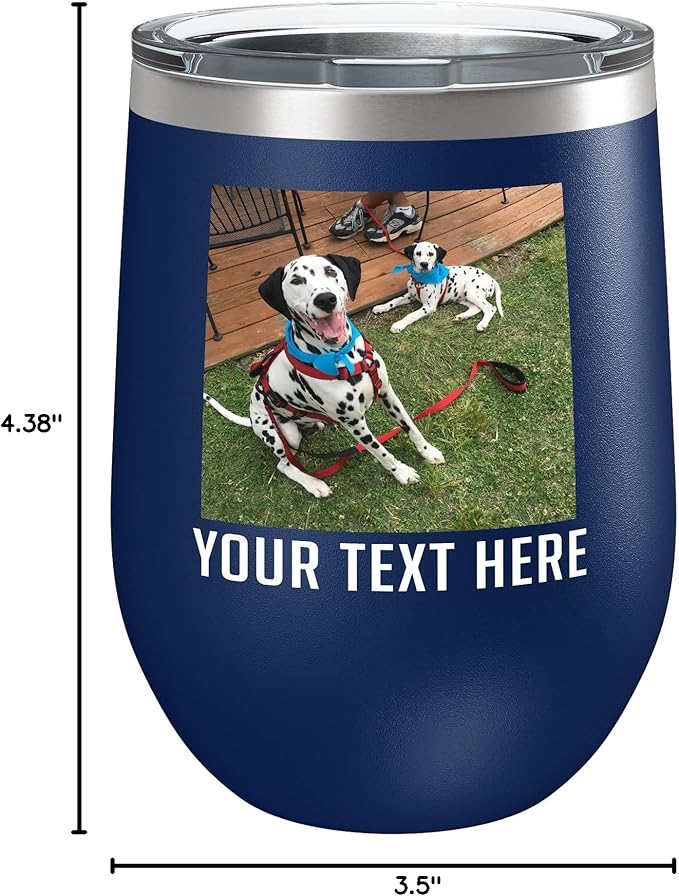 Personalized 12oz (17 Colors) Mother's Day Photo Picture Printed Insulated Stainless Steel Powder Coated Stemless Wine Tumbler with Lid, Customized Gift Idea Her, Coach Gifts Team Mom Dad (Navy Blue)