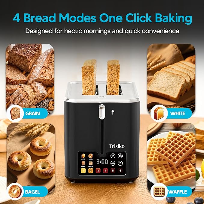 Trisiko® Touch Screen Toaster 2 Slice,Smart Toaster with Digital Timer, 1.38" Extra-Wide Slots for Bread& Bagel,with Reheat, Defrost, Cancel, +15s Boost, Great for Home, Office, Dorm (Black)