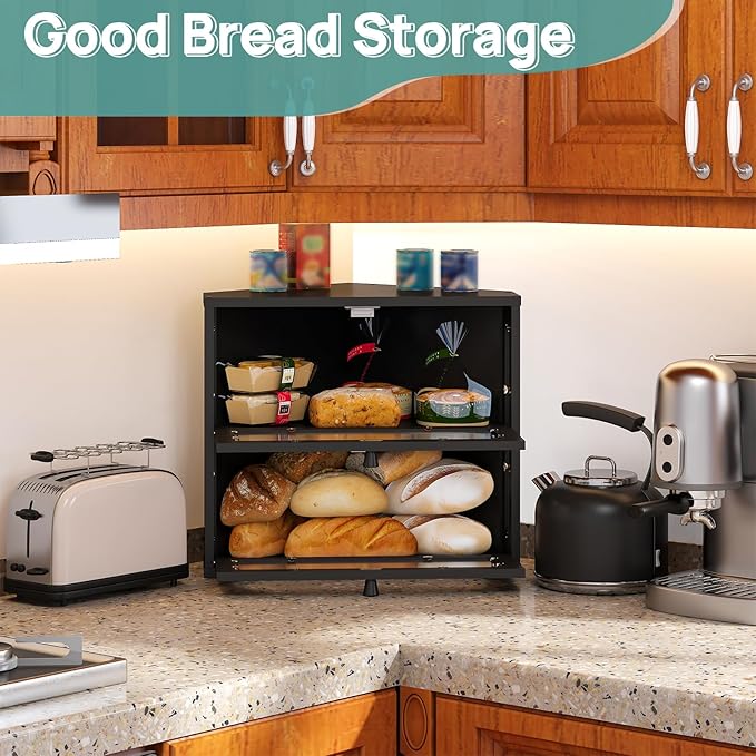 Corner Bread Box for Kitchen Countertop, 2 Tier Black Corner Bread Box, Bamboo Wood Large Capacity Bread Storage Bin with Acrylic Wavy Door Panel
