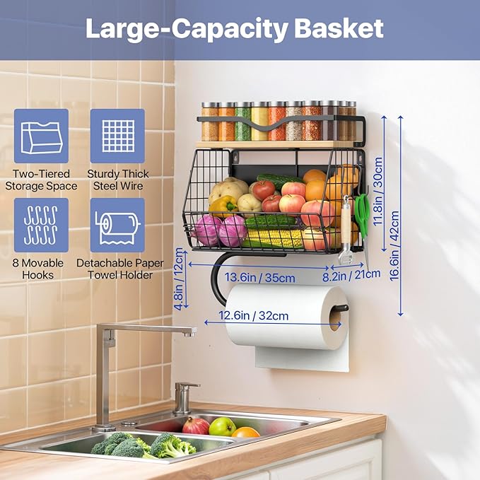 Housolution 2 Pack Wall Mounted Fruit Basket with Wood Lid, Hanging Kitchen Storage Basket for Fruit and Vegetable, Potato and Onion Storage Organizer with Paper Towel Holder for Kitchen Countertop