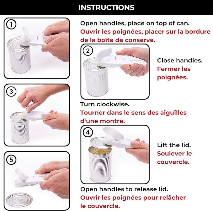 Starfrit Little Beaver Can Opener - Safe - Holds and Leaves No Sharp Edges on Lid - Comfort Grip - 3 year warranty - Red