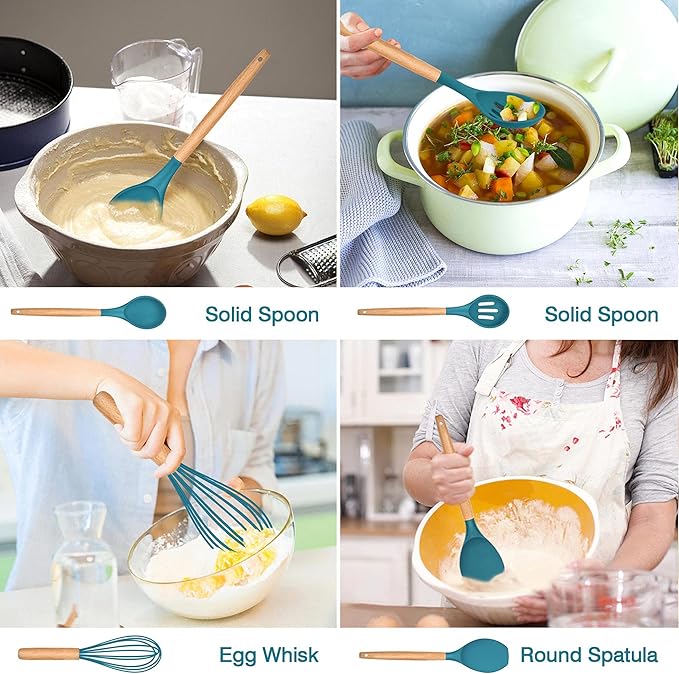 LIANYU 38 Pcs Kitchen Cooking Utensils Set with Holder, Heat Resistant Silicone Kitchen Utensil Spatula Set, Kitchen Gadgets Tools Set for nonstick Cookware Set, Wooden Handle, Blue