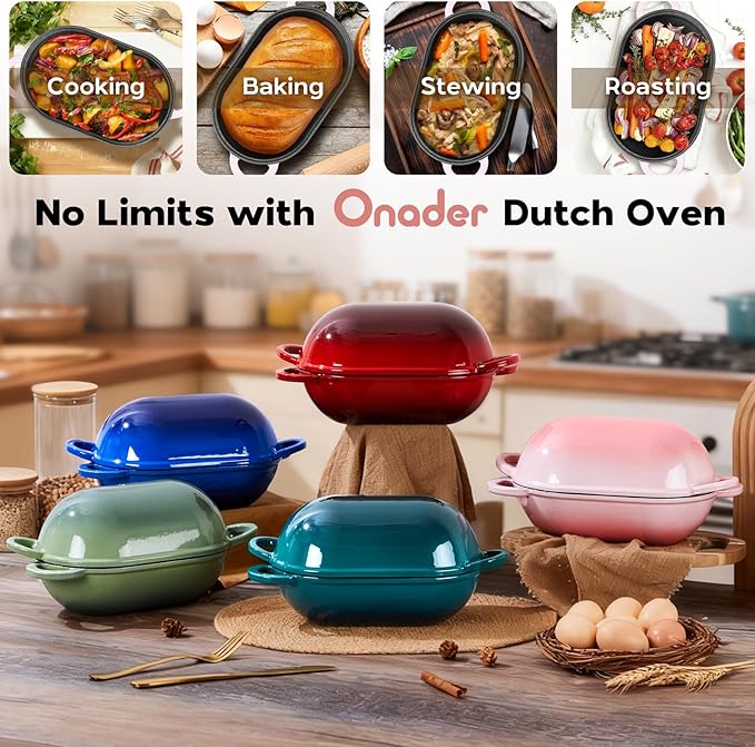 Onader Enameled Cast Iron Dutch Oven, 2.8QT Dutch Oven Pot with Lid for Sourdough Bread Baking, Oval Meatloaf Pan, Heavy Duty - Pink