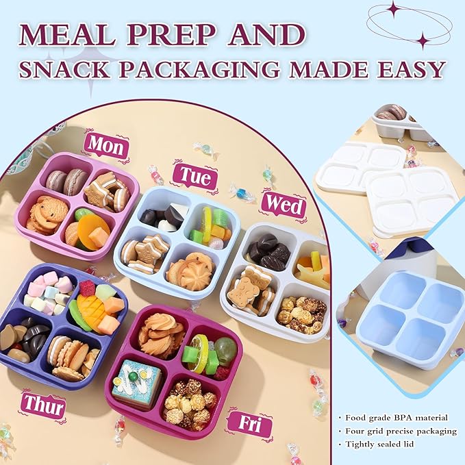 Honeydak 10 Pack Snack Container 4 Compartment Reusable Bento Snack Boxes Divided Lunchable Containers with Lids Meal Prep Lunch Food Storage Boxes for School Work Travel(Elderberry Color)