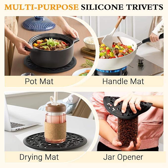 Silicone Trivet Mat Set of 3 Heat Resistant Black Pot Holders for Non-Slip Hot Pans Thick Creative Shapes for Dining Table Kitchen Countertops Tablecloth Protection