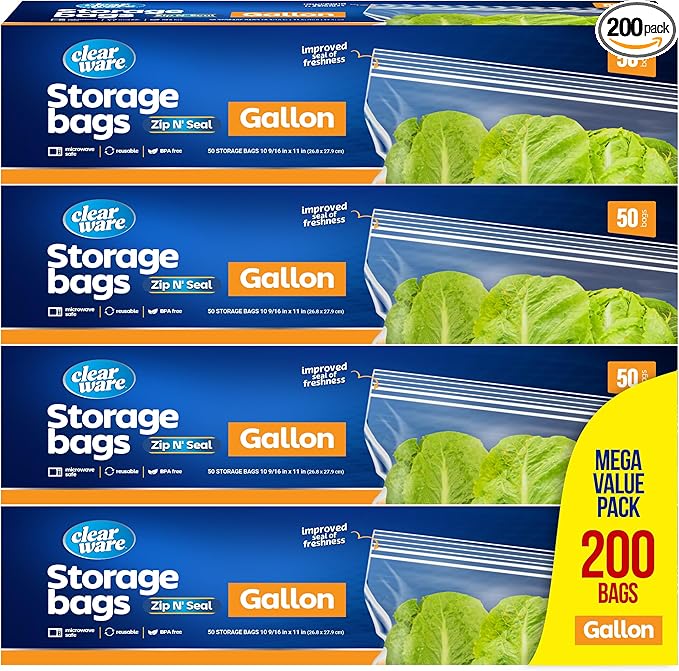 Double Zipper Storage Bags, Gallon Size - 200 Count, (4 packs of 50), Reusable Thick Food Plastic Storage Bags - Microwave-Safe, BPA Free - Resealable Containers for Lunch, Snacks, Meals