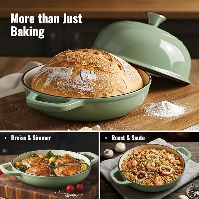 4.5 QT Dutch Oven for Bread Baking, Cast Iron Bread Oven for Sourdough, Enamelled Bread Dutch Oven with Lid, Heavy-Duty Non Stick Bread Pot, Green