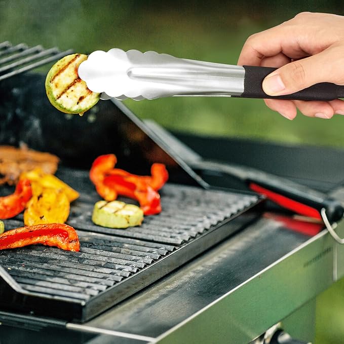 LZMS 4pcs 9 1/2" Black Atmospherei Stainless Steel Grill Tongs,Kitchen Tongs with Non-Slip Grip for Cooking,BBQ,Buffet Dinner