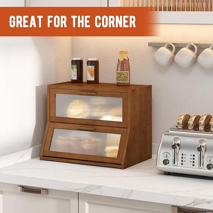 GHWIE Double Layer Bamboo Bread Box for Kitchen Counter,Large Capacity Bread Storage Bin,Bread Container with Acrylic Wavy Door Panel (Brown, Medium)