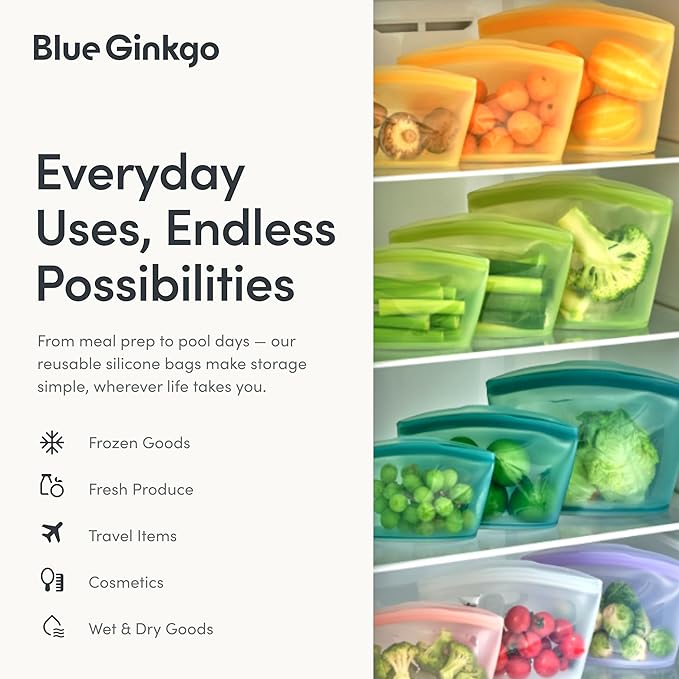 Blue Ginkgo Reusable Silicone Storage Bags – 4-Pack | Korean-Made Stand Up Food, Freezer Bags - Peach