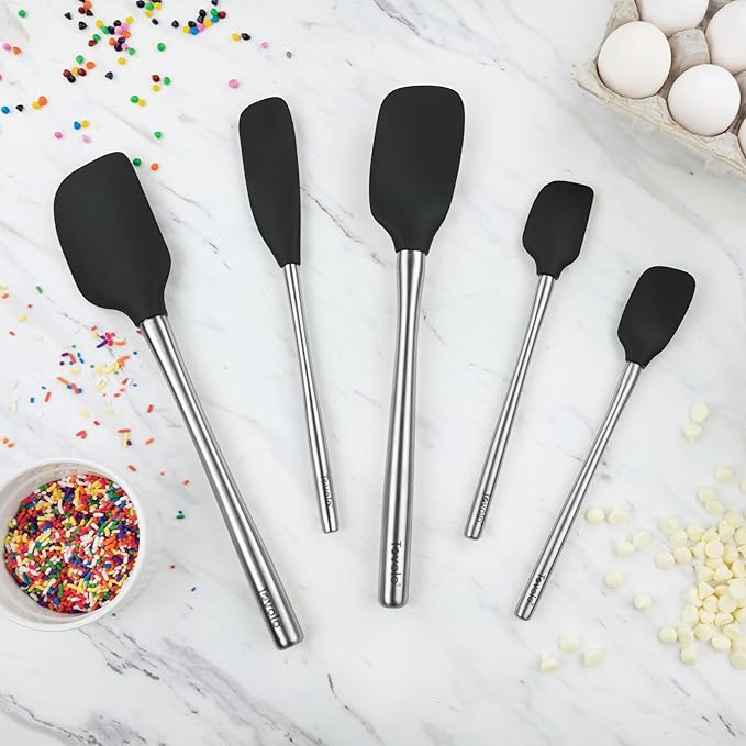 Tovolo 5-Piece Stainless Steel & Silicone Spatula Set (Black): Standard & Mini Spatulas, Spoonulas, and Jar Scraper