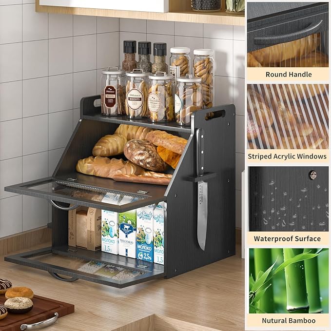 Farmhouse Breadbox Organizer - Large Wooden Double Layer Bread Bin with Acrylic Window, Black