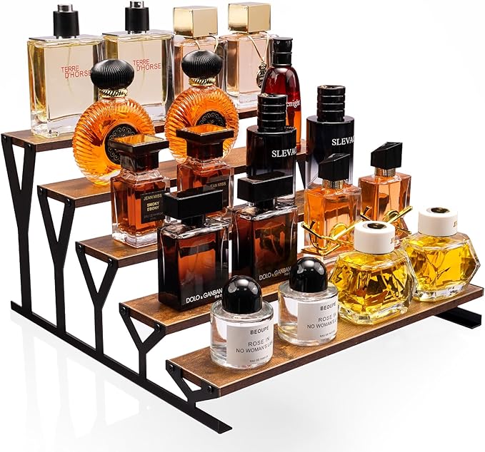 KALYLOC 5 Tier Wooden Display Riser Stand 13.8 Inch Metal Step Cologne Stand Perfume Organizer Tabletop Tiered Display Shelf Rack for Cupcake Spice Figures Cosmetics Candles (Brown, Y-Shape)