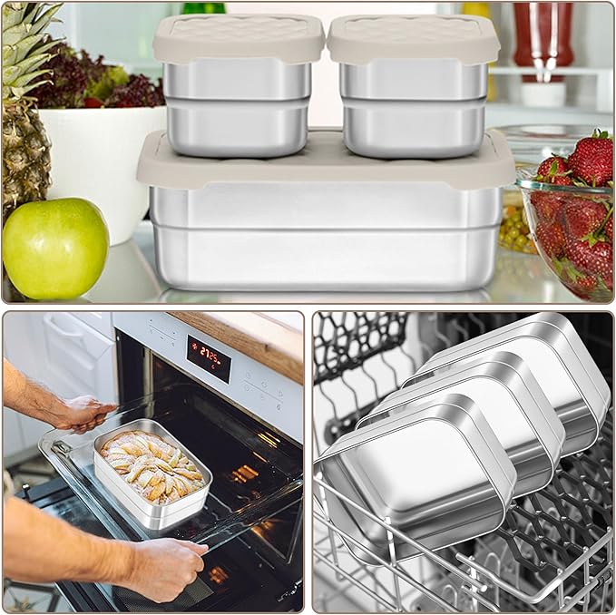 HaWare Stainless Steel Lunch Box Containers for Kids, Leak Proof Food Storage Containers with Khaki Silicone Lids, Easy Open Bento Box for School and Daycare, Portable Metal Snack Box (8oz*2+25oz)