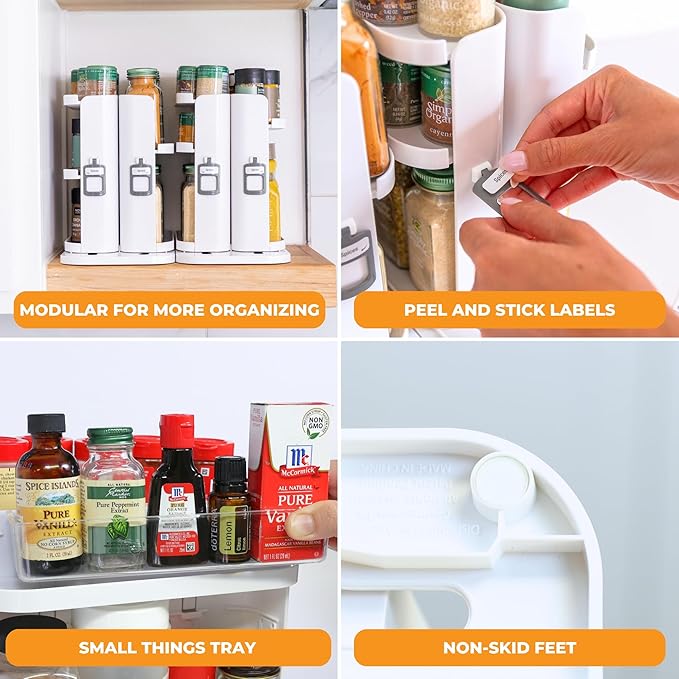 Cabinet Caddy SNAP! Spice Rack Organizer for Cabinet - Slide & Rotate Seasoning Organizer - 3 Snap-In Adjustable Shelves for 5 Tier of Storage - Magnetic Modular Design - 8.9”H x 6.1”W x 10.8”D