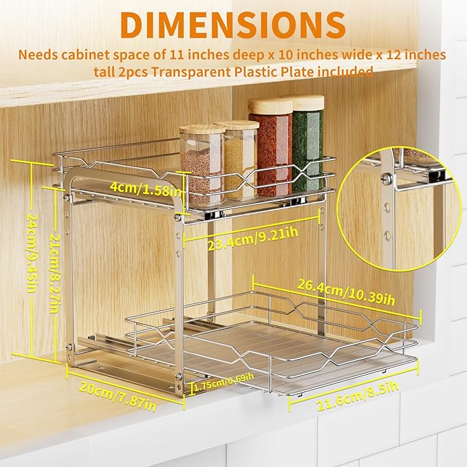Pull Out Spice Rack Organizer for Inside Cabinet, 2 Tier Spice Rack Spice Organization for Cabinet 6 Height Adjustable, Seasoning Organizer, 9.2"W x 10.4"D x 9.8"H (Also for Cabinet with Lip)